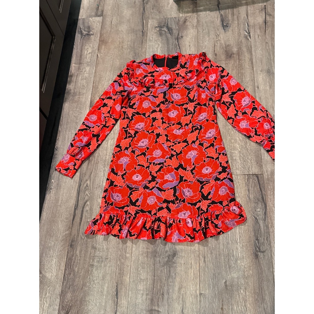 Who What Wear Red Floral Ruffle Trim Long Sleeve Dress size small‎ women's